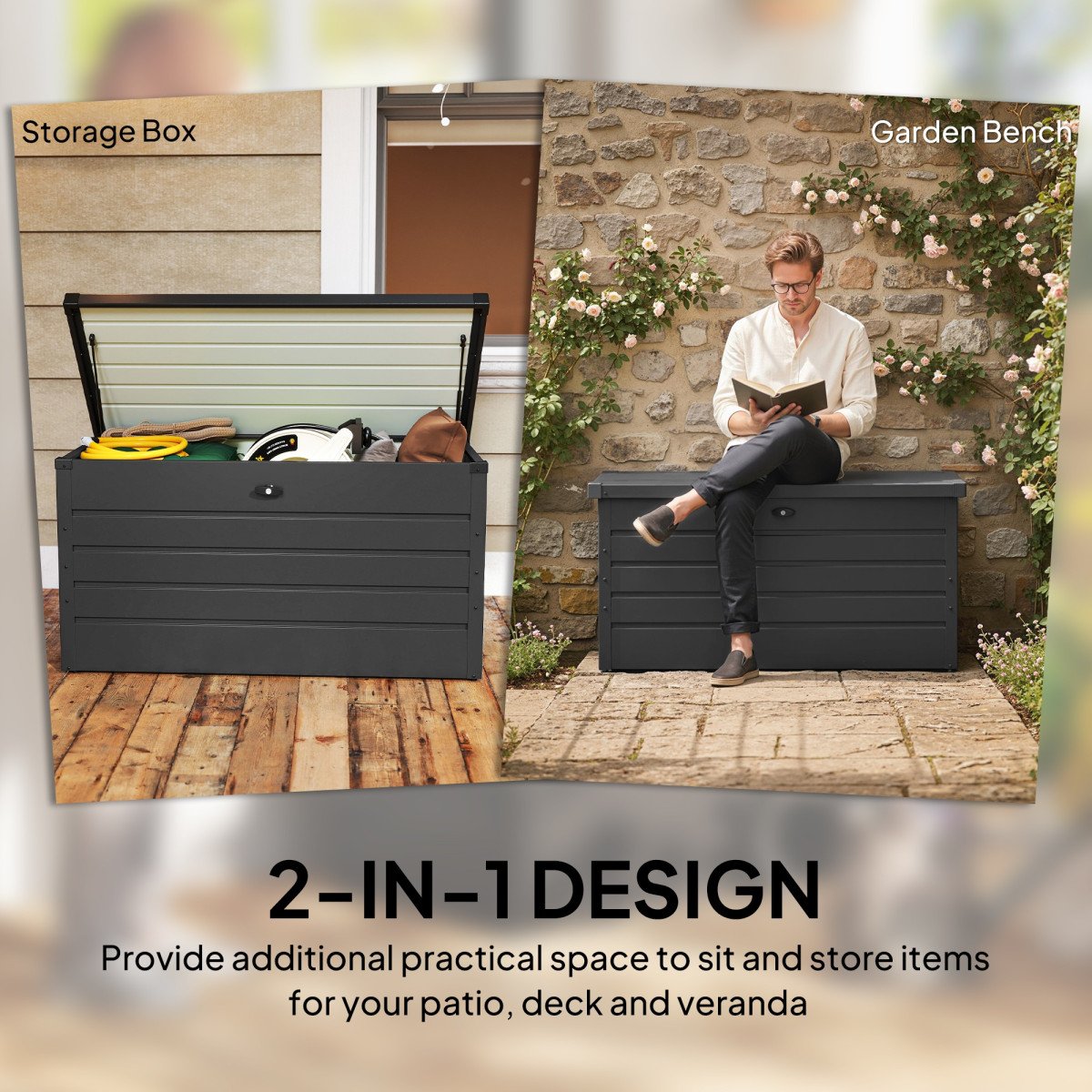 Large Deck Box, Outdoor Storage Container with Lock for Pool Toys, Garden Tools, Furniture and Sports Equipment, Grey