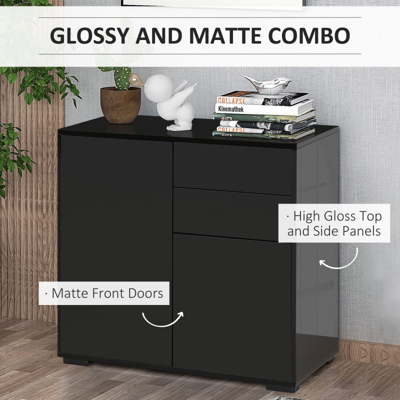 High Gloss Buffet Sideboard with 2 Drawers, 2 Doors and Adjustable Shelf, Kitchen Storage Cabinet with Push Open Design, Black