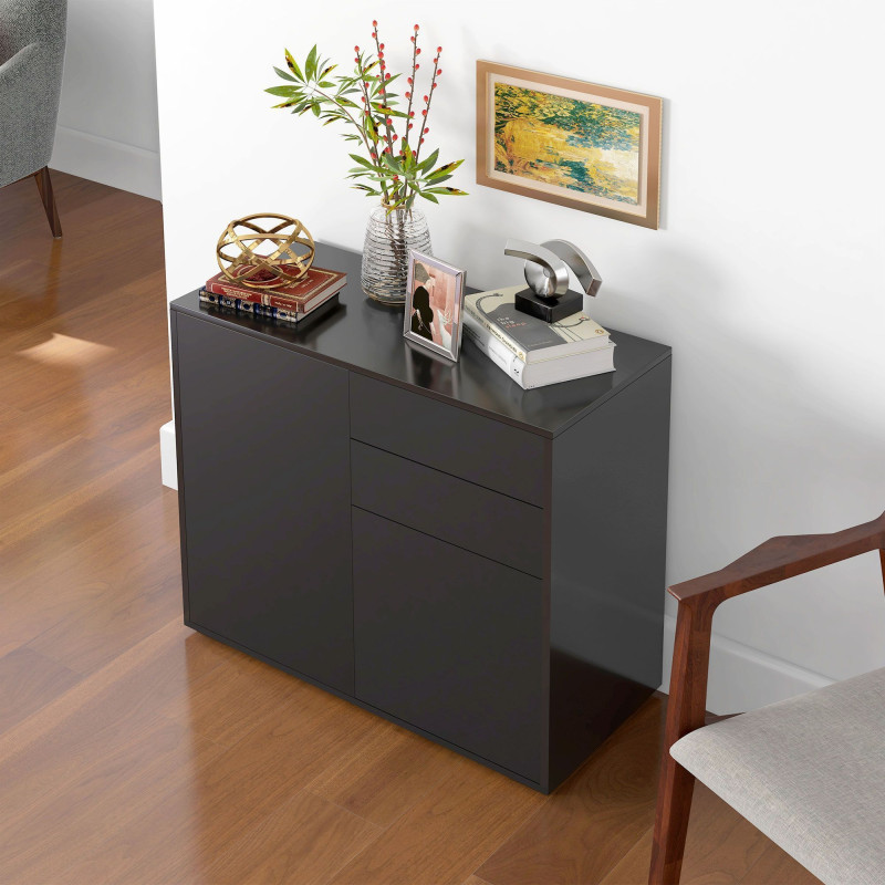 High Gloss Buffet Sideboard with 2 Drawers, 2 Doors and Adjustable Shelf, Kitchen Storage Cabinet with Push Open Design, Black