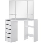 Corner Dressing Table, Makeup Desk with 3-piece Mirror and 5 Drawers, White