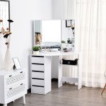 Corner Dressing Table, Makeup Desk with 3-piece Mirror and 5 Drawers, White