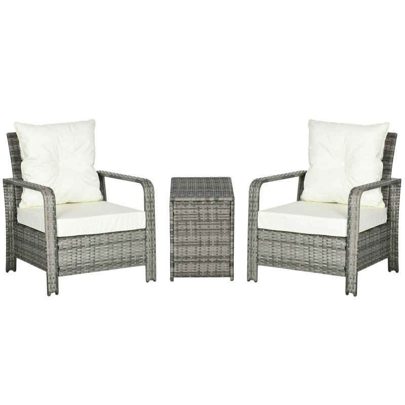 3 Pieces Wicker Patio Furniture Set, Rattan Bistro Set with Storage Coffee Table and Thickened Cushions, Outdoor Conversation Set for Garden, Porch, Balcony, Beige