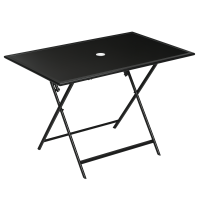 Foldable Outdoor Dining Table with Umbrella Hole, Patio Table for 6 with Glass Top Table, Metal Frame for Garden Lawn Backyard, Black