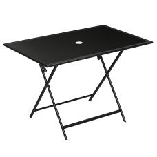 Foldable Outdoor Dining Table with Umbrella Hole, Patio Table for 6 with Glass Top Table, Metal Frame for Garden Lawn Backyard, Black