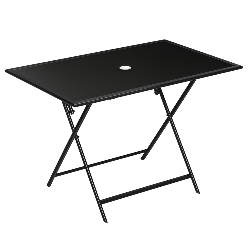 Foldable Outdoor Dining Table with Umbrella Hole, Patio Table for 6 with Glass Top Table, Metal Frame for Garden Lawn Backyard, Black