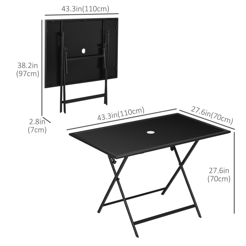 Foldable Outdoor Dining Table with Umbrella Hole, Patio Table for 6 with Glass Top Table, Metal Frame for Garden Lawn Backyard, Black