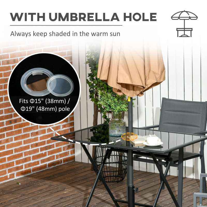 Foldable Outdoor Dining Table with Umbrella Hole, Patio Table for 6 with Glass Top Table, Metal Frame for Garden Lawn Backyard, Black