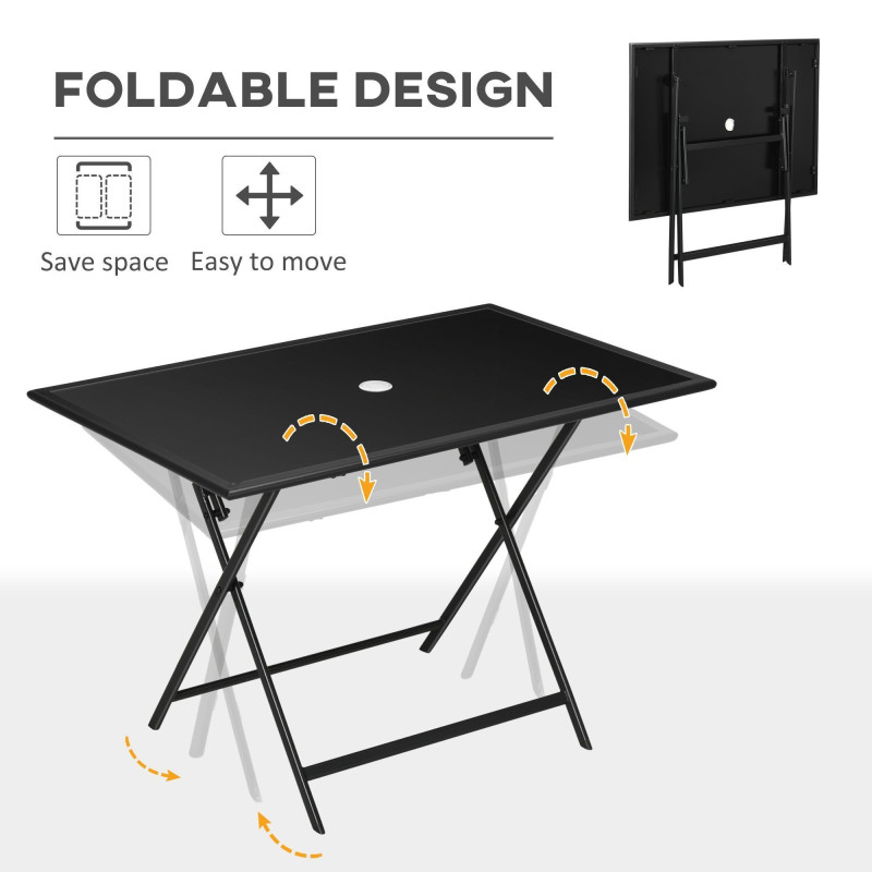 Foldable Outdoor Dining Table with Umbrella Hole, Patio Table for 6 with Glass Top Table, Metal Frame for Garden Lawn Backyard, Black