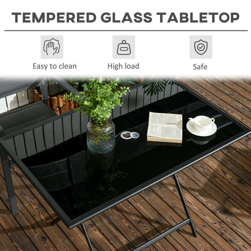 Foldable Outdoor Dining Table with Umbrella Hole, Patio Table for 6 with Glass Top Table, Metal Frame for Garden Lawn Backyard, Black