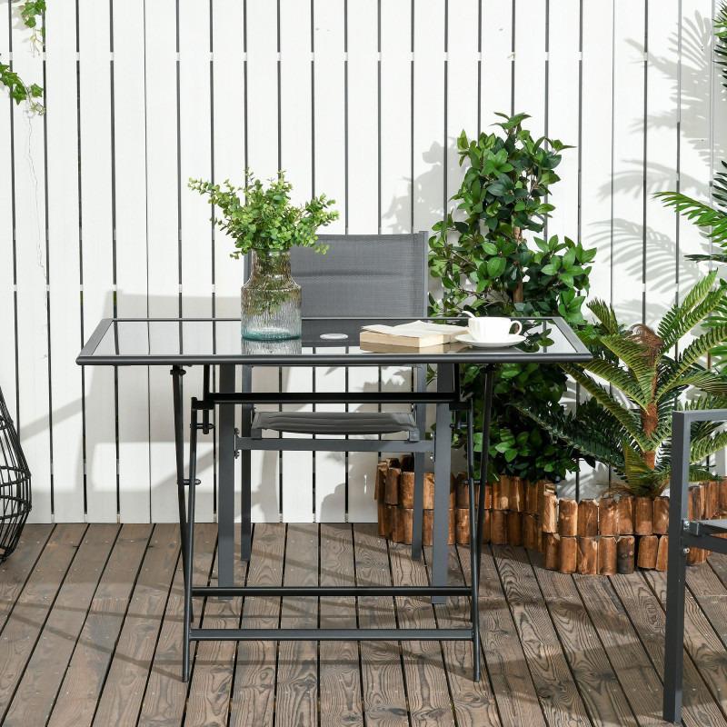 Foldable Outdoor Dining Table with Umbrella Hole, Patio Table for 6 with Glass Top Table, Metal Frame for Garden Lawn Backyard, Black
