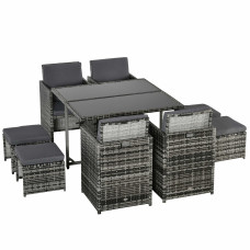 9 Pieces Wicker Patio Dining Set Outdoor Furniture Set with Removable Cushions, Glass Top Dining Table, Ottomans, PE Rattan Conversation Set for Garden Poolside, Grey