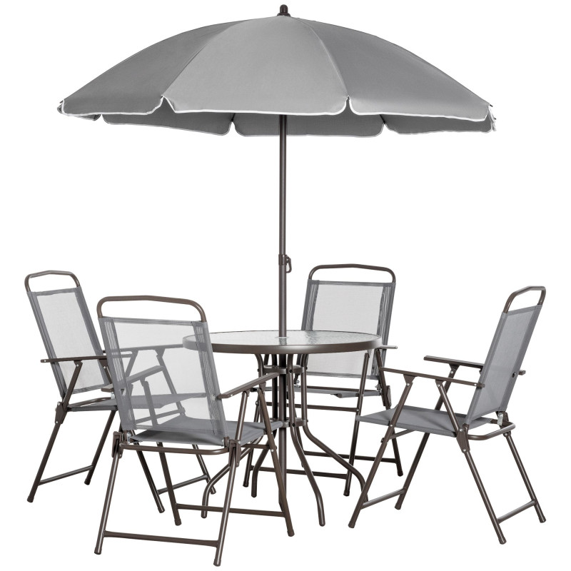 6 Pieces Outdoor Dining Set for 4 with Umbrella Patio Outdoor Furniture Set with Round Table 4 Folding Chairs Grey