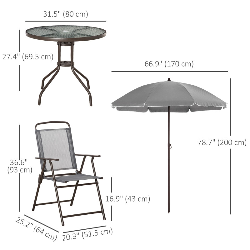 6 Pieces Outdoor Dining Set for 4 with Umbrella Patio Outdoor Furniture Set with Round Table 4 Folding Chairs Grey