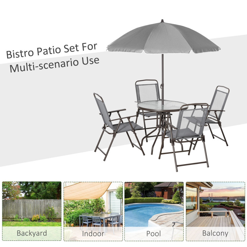 6 Pieces Outdoor Dining Set for 4 with Umbrella Patio Outdoor Furniture Set with Round Table 4 Folding Chairs Grey