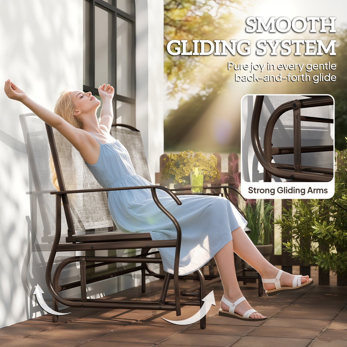 Patio Glider Rocking Chair 2 Person Outdoor Loveseat Rocker Garden Furniture Bench, Flaxen