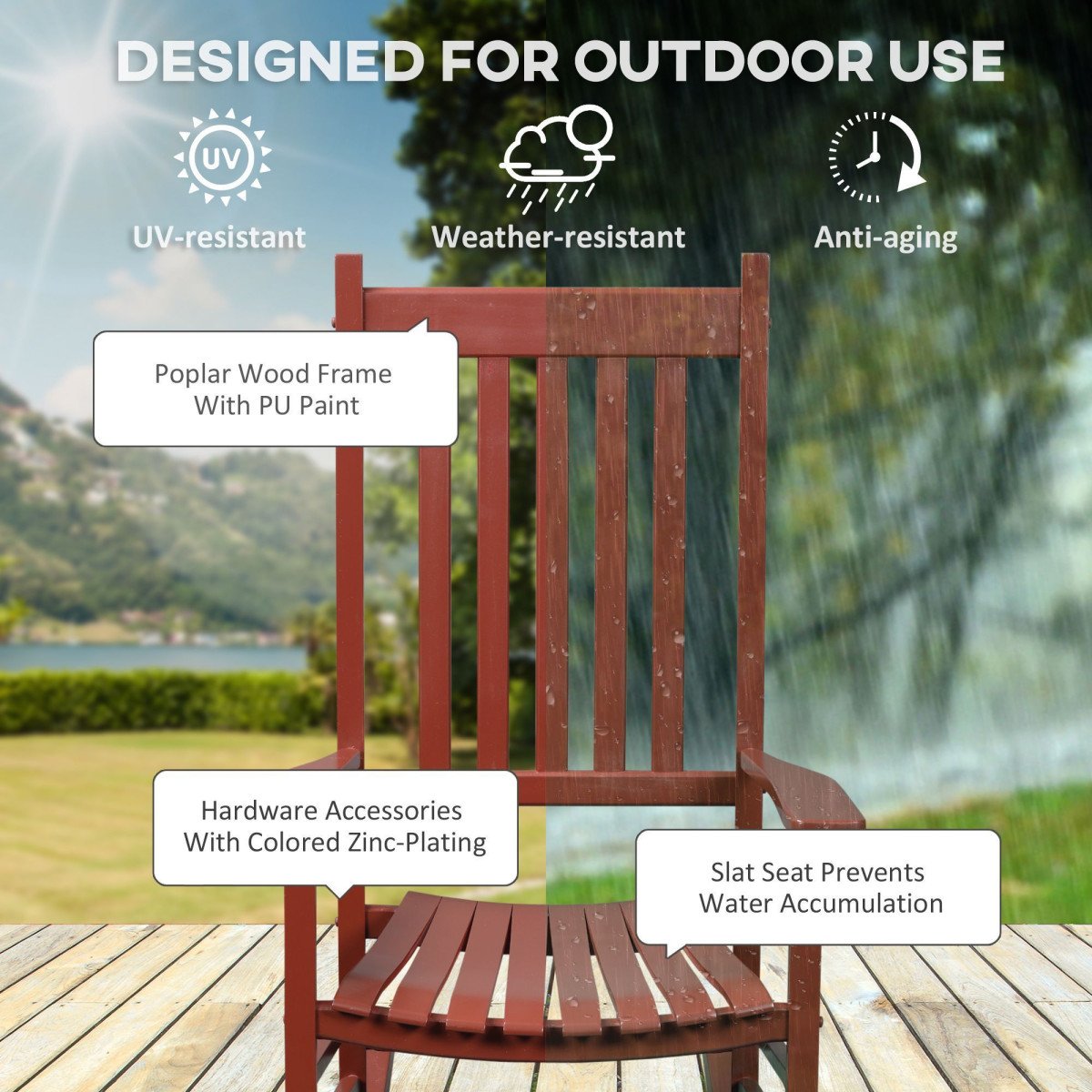 Wooden Porch Rocking Chair Outdoor Patio Rocker Garden Single Leisure Reclining Seat Armchair Wine Red