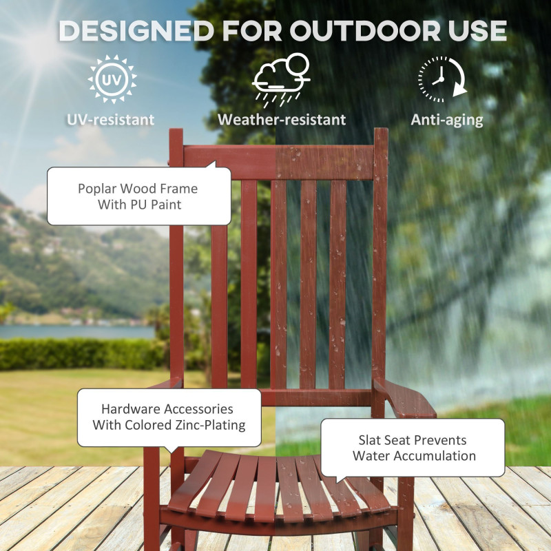 Wooden Porch Rocking Chair Outdoor Patio Rocker Garden Single Leisure Reclining Seat Armchair Wine Red