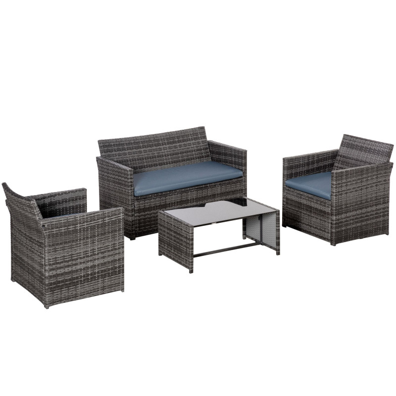 4 Pieces Patio Furniture Set with Cushions, Outdoor PE Rattan Wicker Conversation Garden Sofa Set with 2-Seater Chairs & Glass Coffee Table, Grey