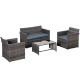 4 Pieces Patio Furniture Set with Cushions, Outdoor PE Rattan Wicker Conversation Garden Sofa Set with 2-Seater Chairs & Glass Coffee Table, Grey