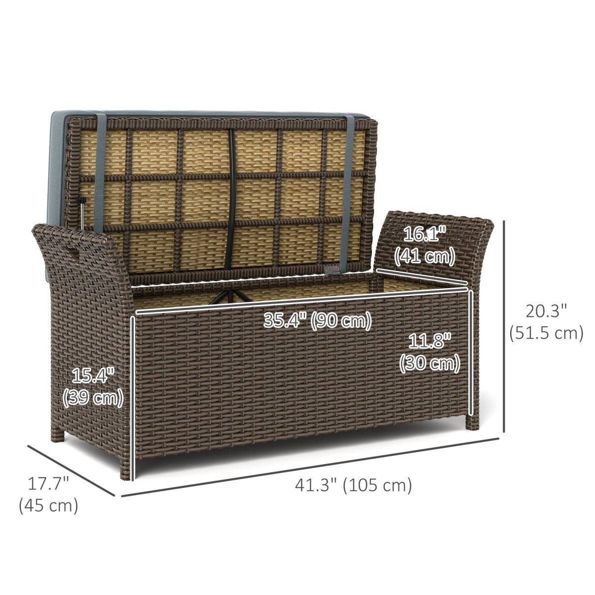 2-In-1 Outdoor PE Rattan Storage Bench, 29 Gallon Patio Wicker Furniture, Basket Box with Handles and Cushion Dark Grey