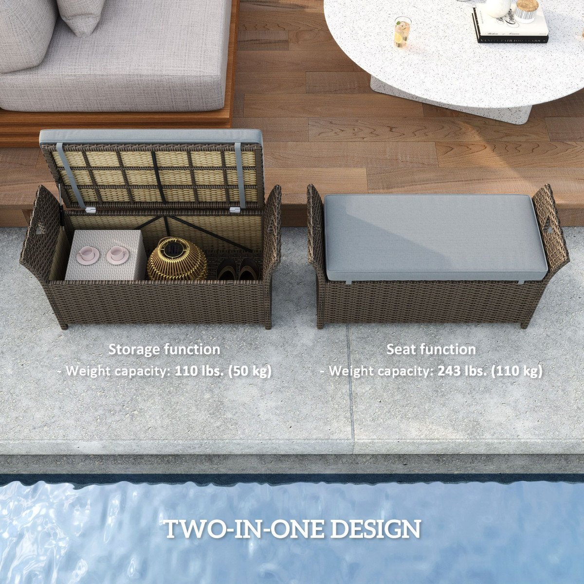 2-In-1 Outdoor PE Rattan Storage Bench, 29 Gallon Patio Wicker Furniture, Basket Box with Handles and Cushion Dark Grey