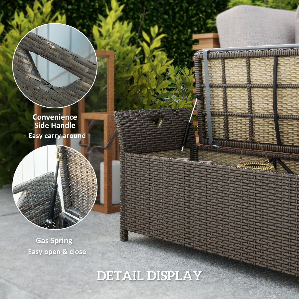 2-In-1 Outdoor PE Rattan Storage Bench, 29 Gallon Patio Wicker Furniture, Basket Box with Handles and Cushion Dark Grey