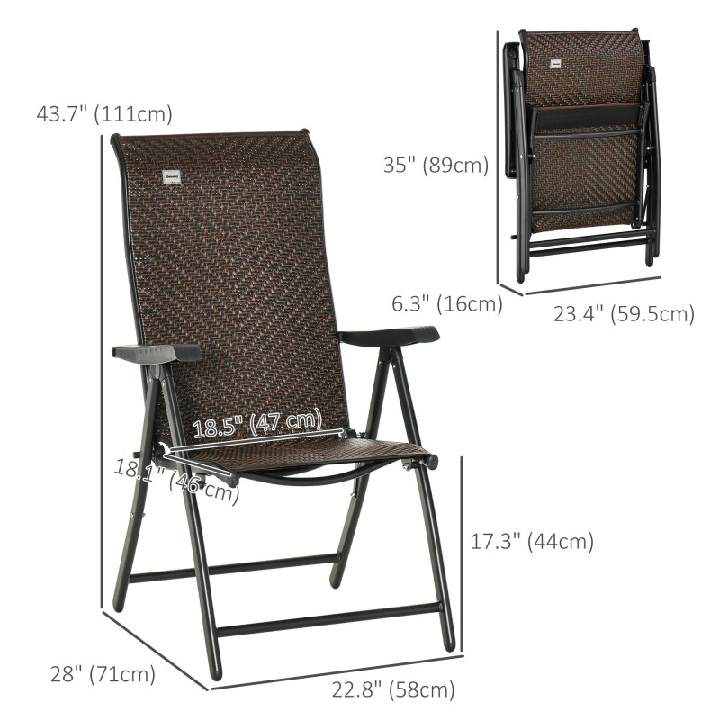 2PCs Outdoor Wicker Folding Chairs with Adjustable Backrest, Brown