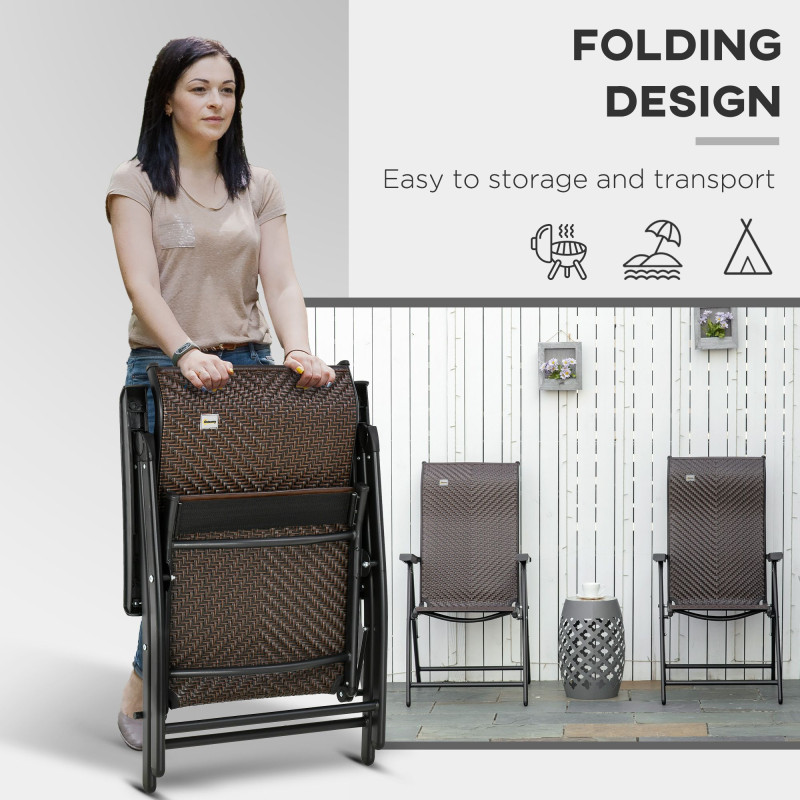2PCs Outdoor Wicker Folding Chairs with Adjustable Backrest, Brown