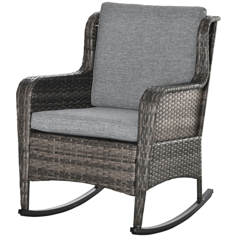 Outdoor Wicker Rocking Chair, PE Rattan Porch Rocker with Cushions, Grey