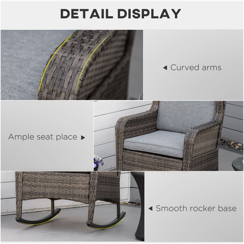 Outdoor Wicker Rocking Chair, PE Rattan Porch Rocker with Cushions, Grey