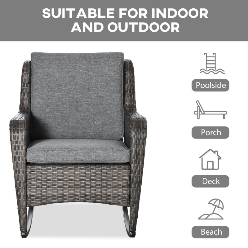 Outdoor Wicker Rocking Chair, PE Rattan Porch Rocker with Cushions, Grey