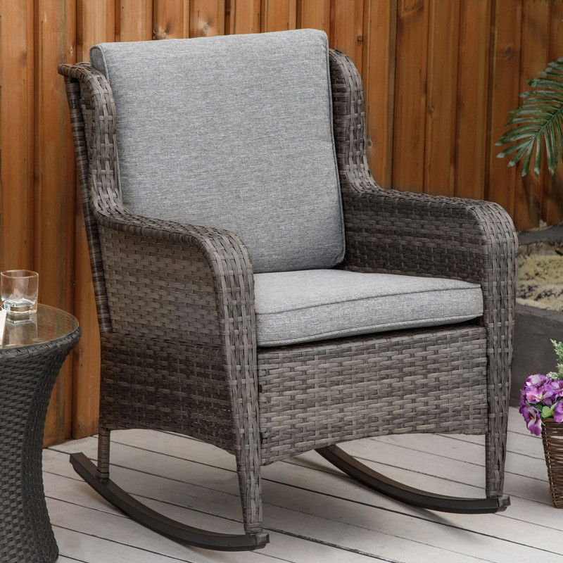 Outdoor Wicker Rocking Chair, PE Rattan Porch Rocker with Cushions, Grey