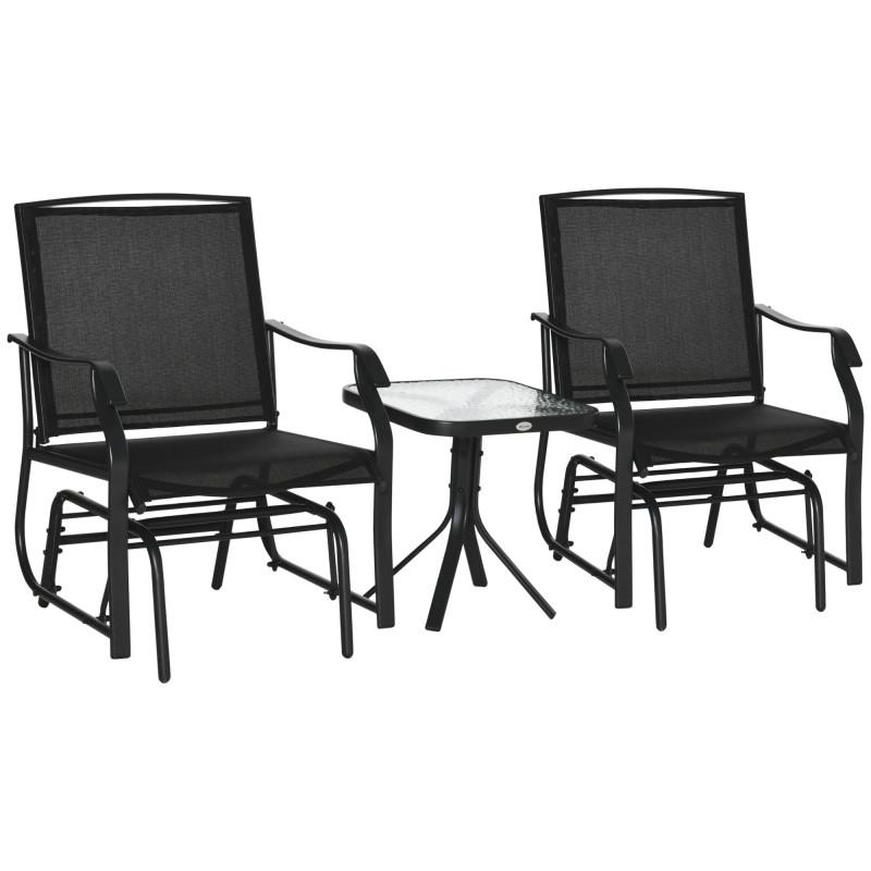 3 Piece Patio Glider Set Outdoor Gliders with Breathable Mesh Seat, Glass Top Table for Garden, Yard, Black