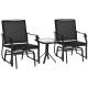3 Piece Patio Glider Set Outdoor Gliders with Breathable Mesh Seat, Glass Top Table for Garden, Yard, Black