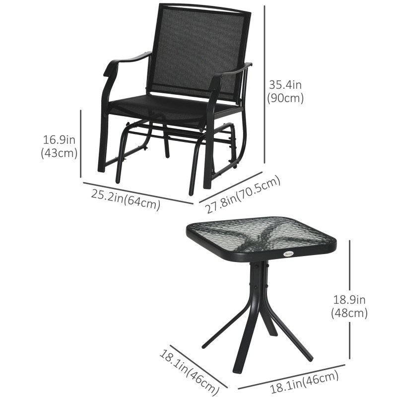 3 Piece Patio Glider Set Outdoor Gliders with Breathable Mesh Seat, Glass Top Table for Garden, Yard, Black