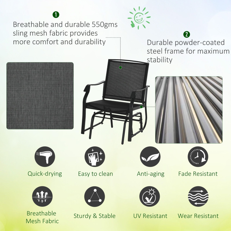 3 Piece Patio Glider Set Outdoor Gliders with Breathable Mesh Seat, Glass Top Table for Garden, Yard, Black