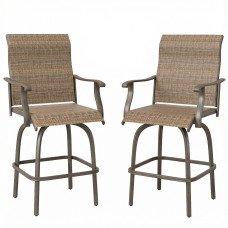 Outdoor Bar Stools Set of 2, Swivel Bar Height Chairs with High Back, Curved Armrests and Steel Frame for Balcony, Brown