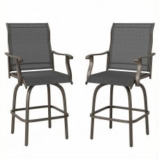 Outdoor Bar Stools Set of 2, Swivel Bar Height Chairs with High Back, Curved Armrests and Steel Frame, Black