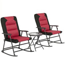 3pc Patio Foldable Rocking Chair Set, Outdoor Rocking Chairs and Table Bistro Set w/ Padded Seat, Headrest, Backrest for park, backyard, garden, Red