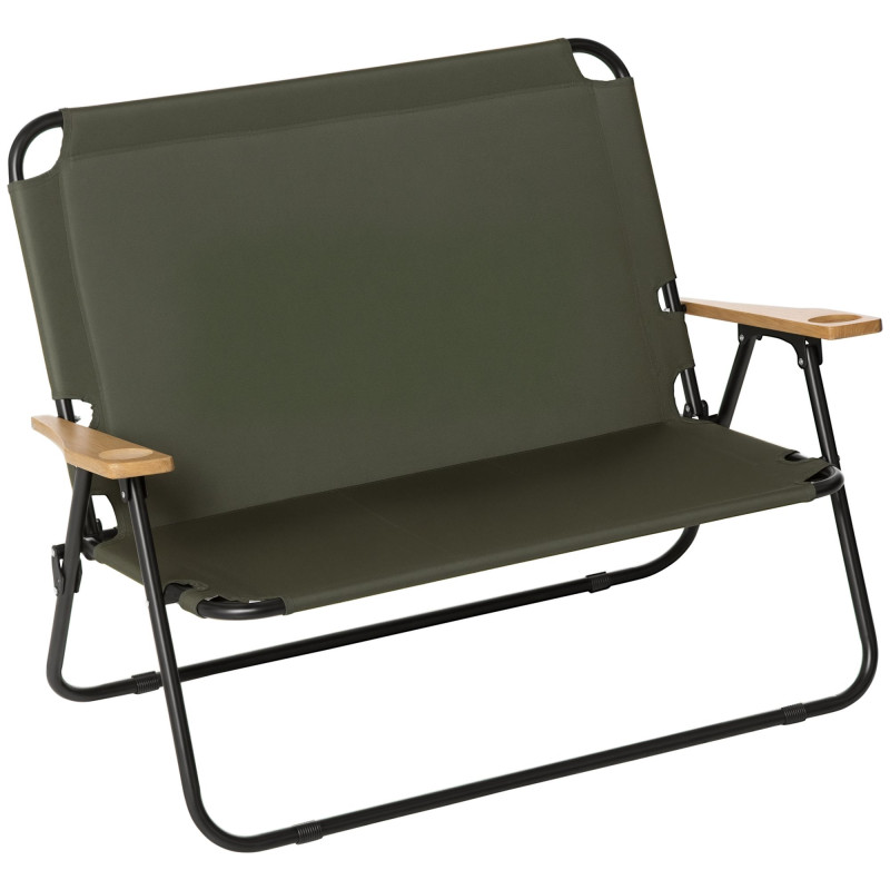 Double Folding Chair, Loveseat Camping Chair for 2 Person, Portable Outdoor Chair with Wood Armrest for Fishing Travel, Green