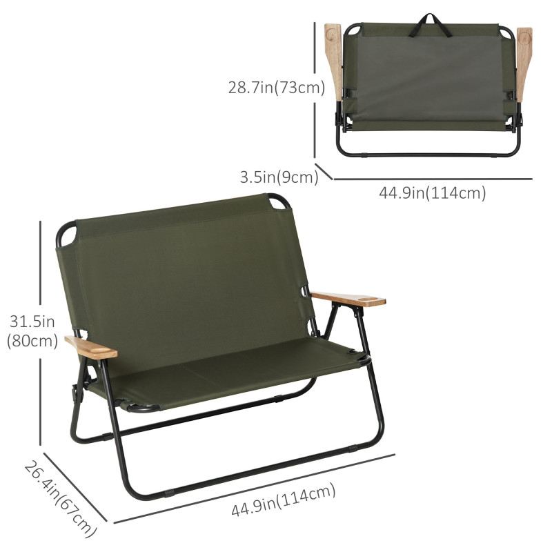 Double Folding Chair, Loveseat Camping Chair for 2 Person, Portable Outdoor Chair with Wood Armrest for Fishing Travel, Green