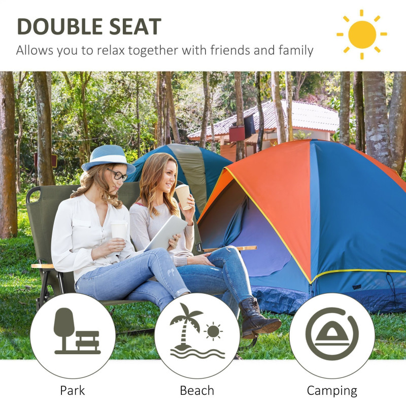 Double Folding Chair, Loveseat Camping Chair for 2 Person, Portable Outdoor Chair with Wood Armrest for Fishing Travel, Green