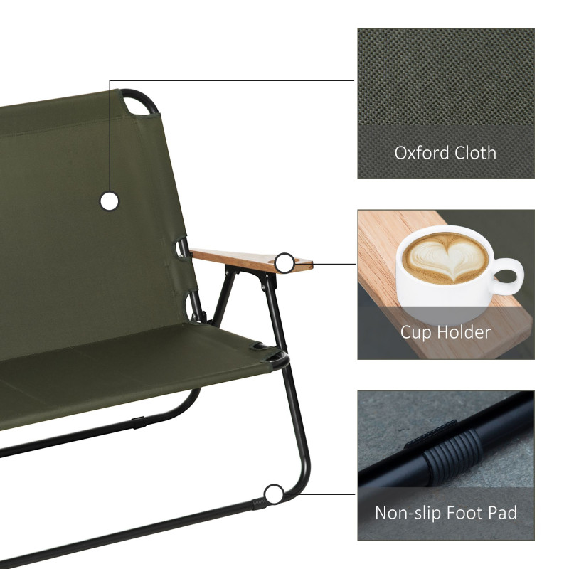 Double Folding Chair, Loveseat Camping Chair for 2 Person, Portable Outdoor Chair with Wood Armrest for Fishing Travel, Green