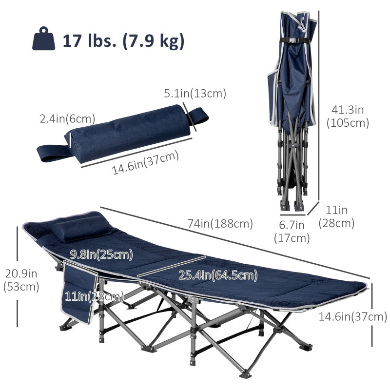 Folding Camping Cot with Mat & Pillow, Double Layer Oxford Heavy Duty Sleeping Cot with Carry Bag Blue