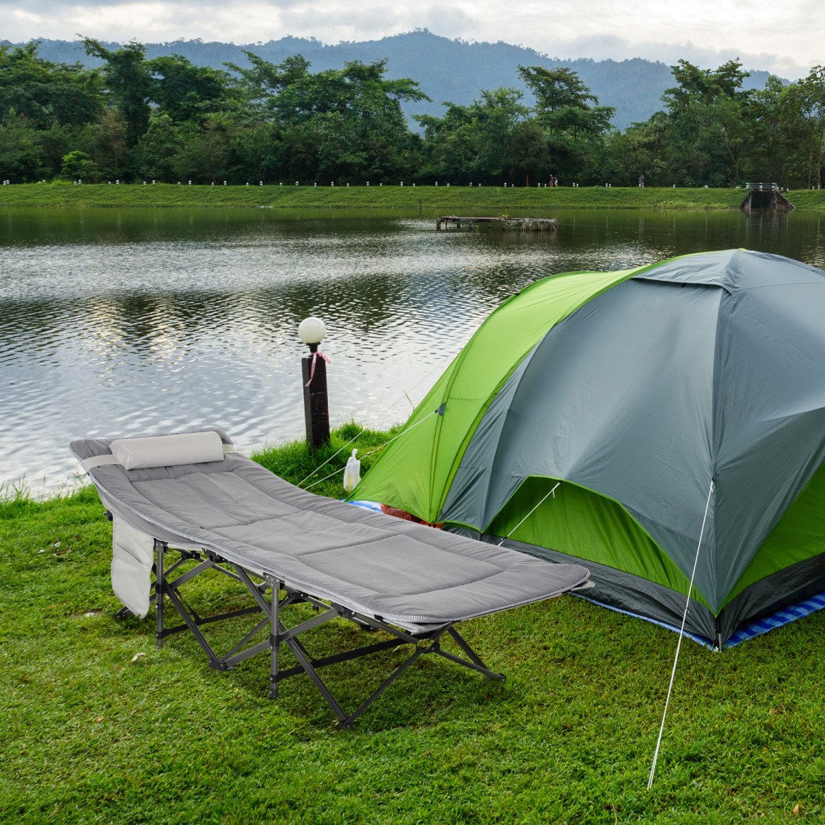 Folding Camping Cot with Mat & Pillow, Double Layer Oxford Heavy Duty Sleeping Cot with Carry Bag Light Grey