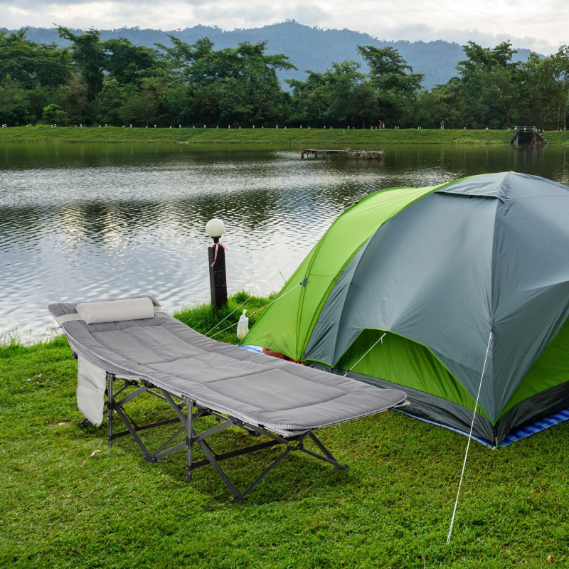 Folding Camping Cot with Mat & Pillow, Double Layer Oxford Heavy Duty Sleeping Cot with Carry Bag Light Grey