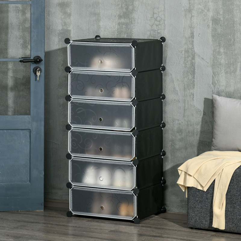 6-Tier Shoe Rack, 6 Cube Storage Organizer with Doors, DIY 6-Cube Modular Cabinet for Living Room, Black