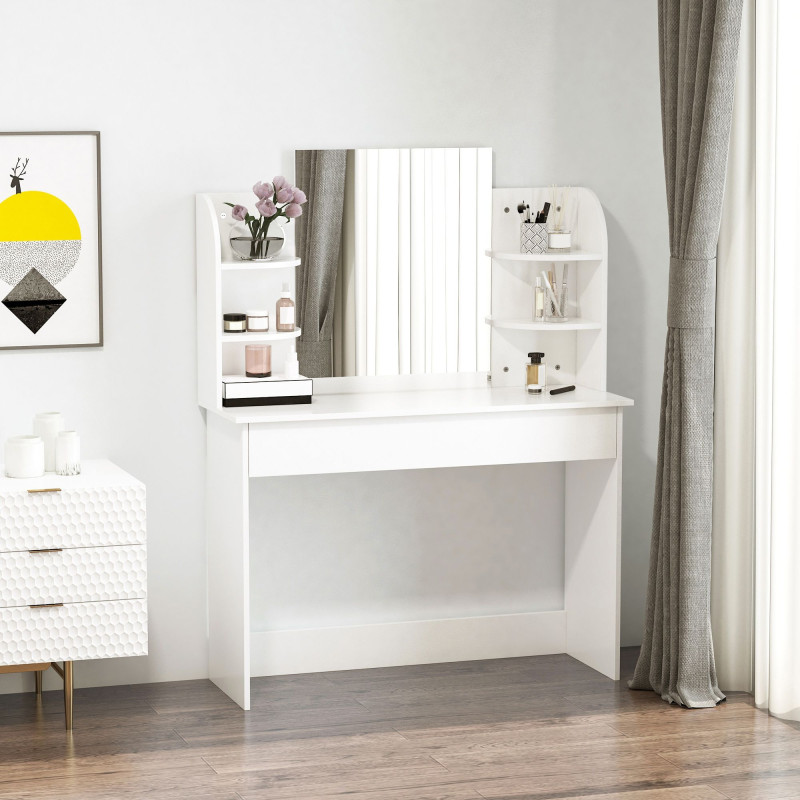 Vanity Table, Makeup Vanity with Open Shelves and Drawer, Dressing Table for Bedroom, White