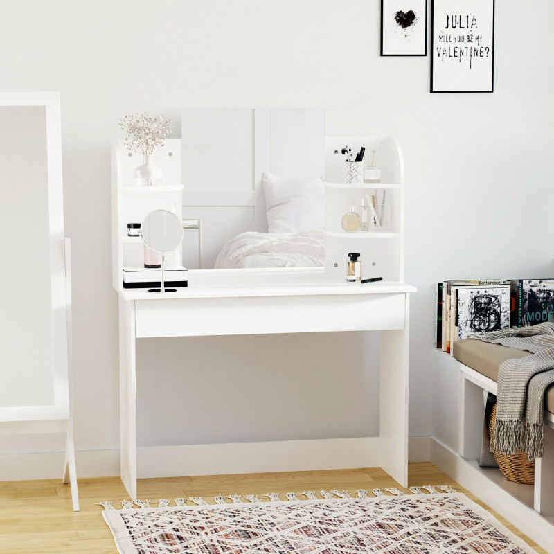 Vanity Table, Makeup Vanity with Open Shelves and Drawer, Dressing Table for Bedroom, White