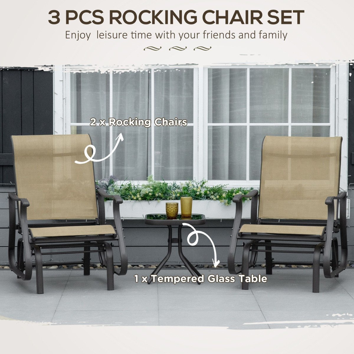 3PCs Gliding Rocking Chair & Bistro Tea Table Set, Mixed Grey